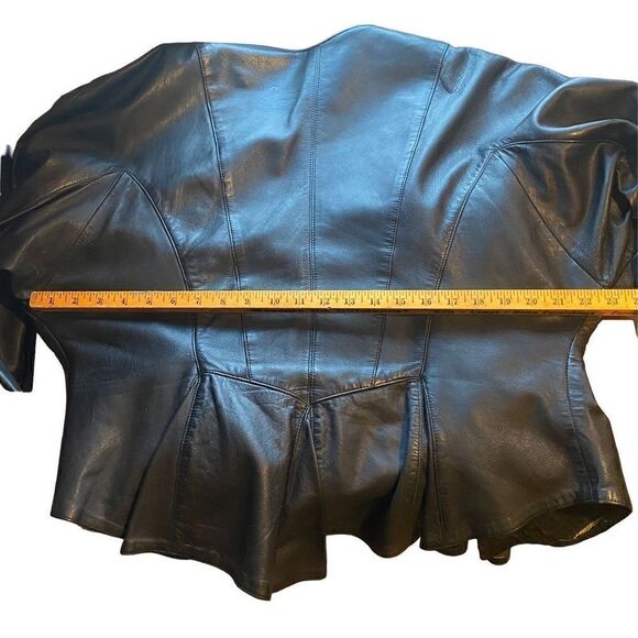 AVANT GARDE 80S BLACK LEATHER POWER SHOULDER PEPLUM JACKET LARGE - Picture 9 of 12